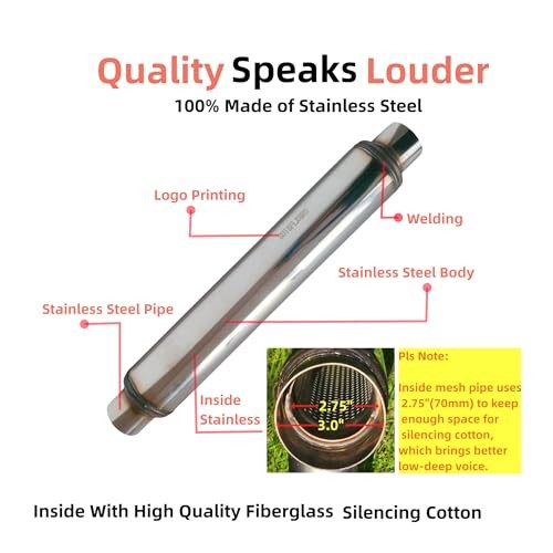 Exhaust Resonator, Straight Gasflow Design, Quiet and Deep Sound Muffler, 3.0