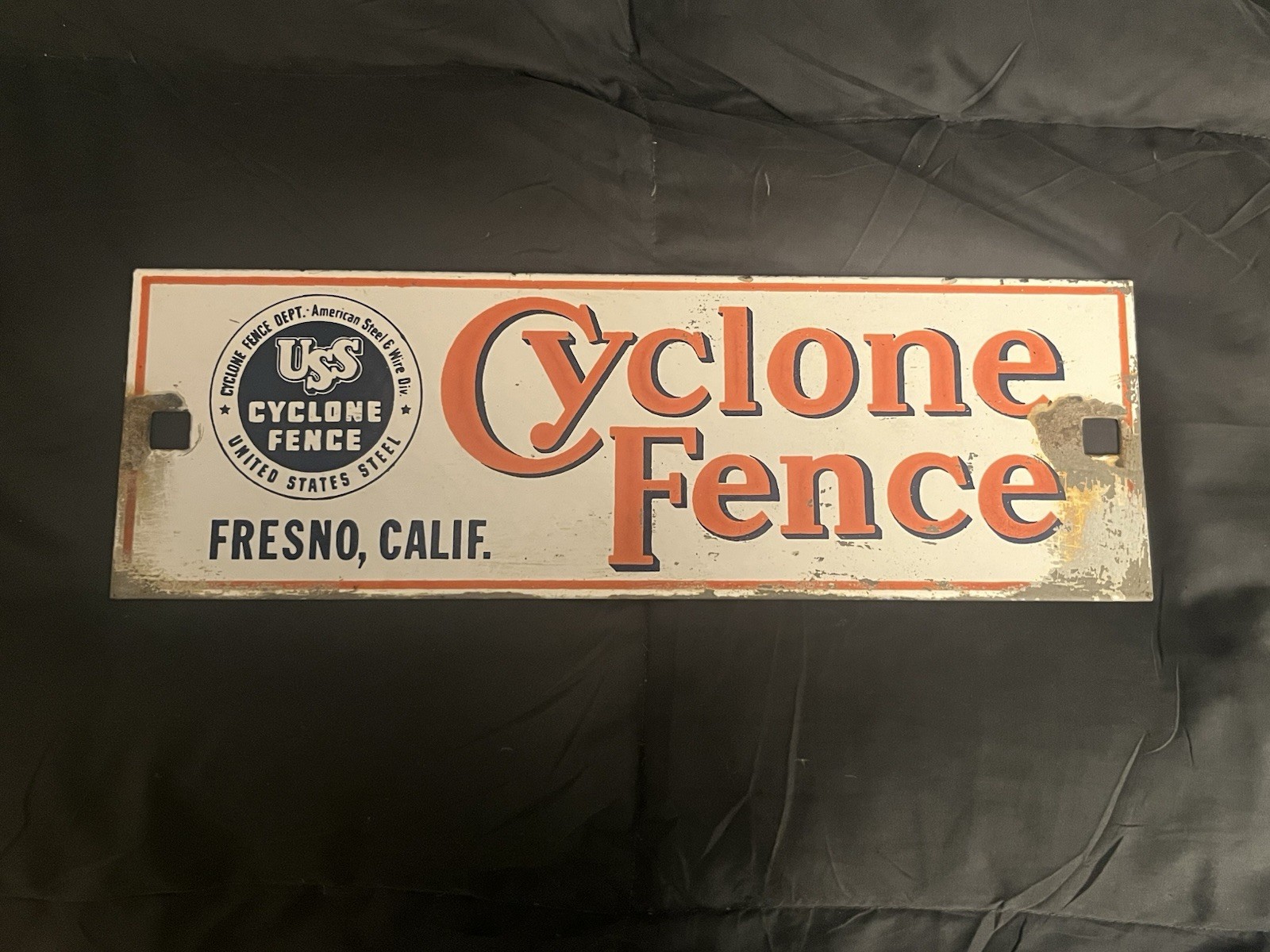 USS CYCLONE FENCE Porcelain Sign FRESNO, CALIF. -RARE!
