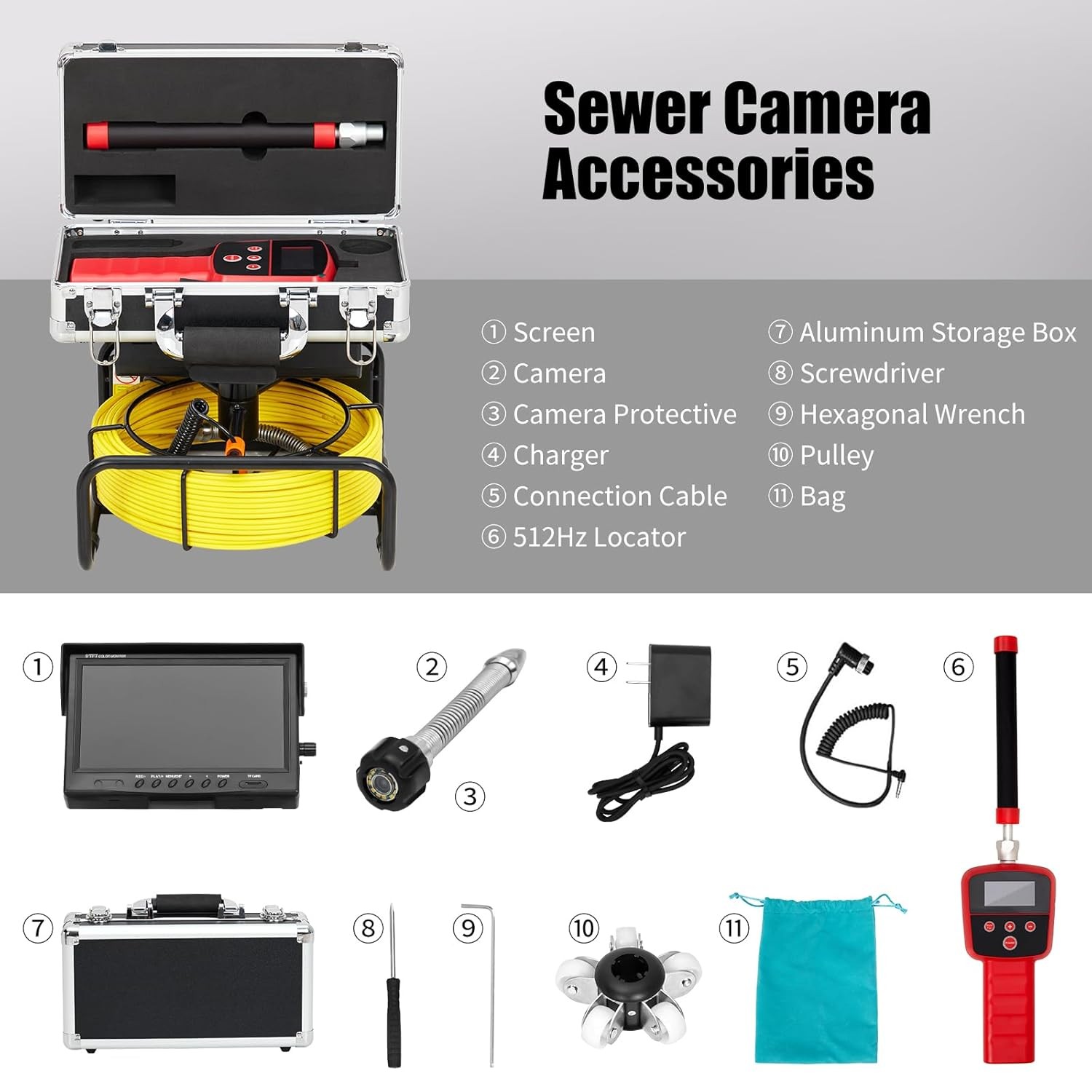 Sewer Camera 100FT/30m Self-Leveling Drain Camera with 512Hz Locator 9” Screen