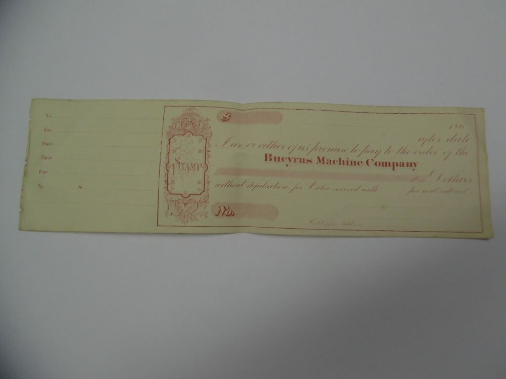 1860s Bucyrus Machine Company Check Ohio Antique Original RARE EARLY COMPANY DOC
