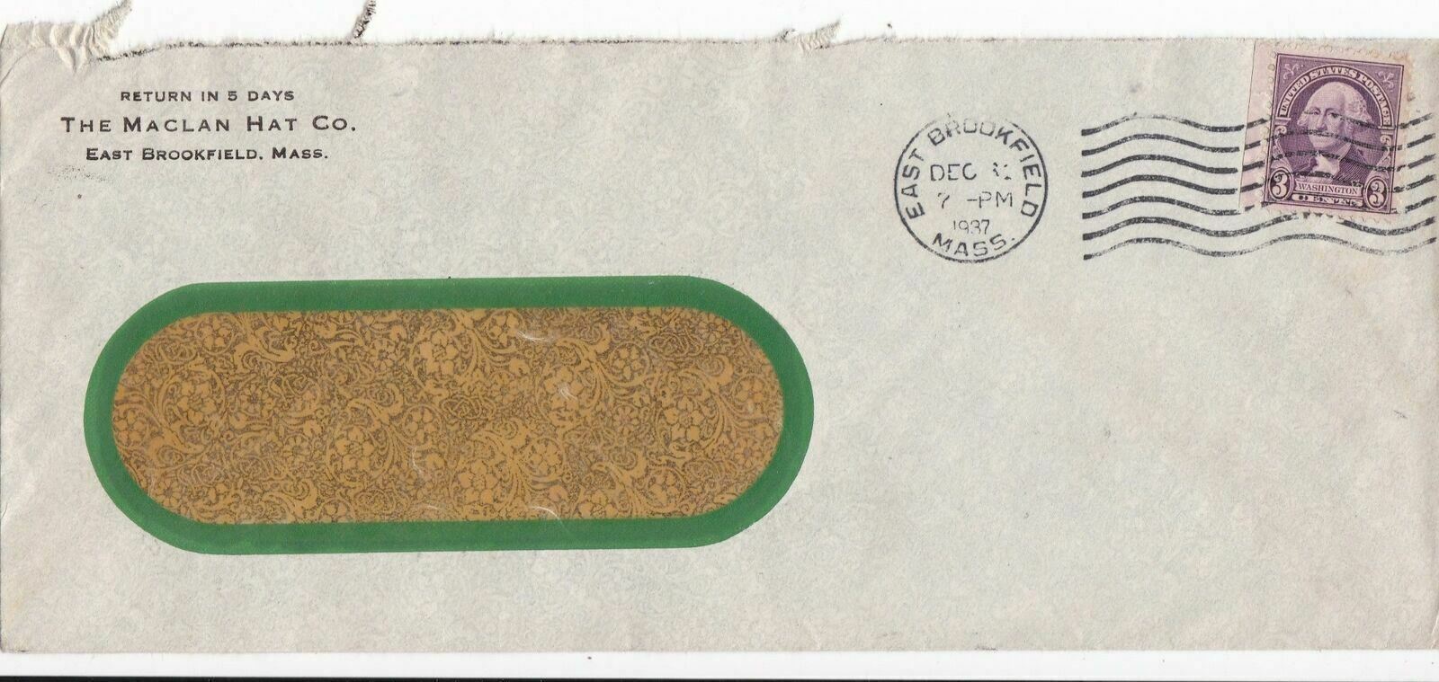 U.S. THE MACLAN HAT CO. East Brookfield 1937 Mass. Cancel Stamp Cover Ref 47266
