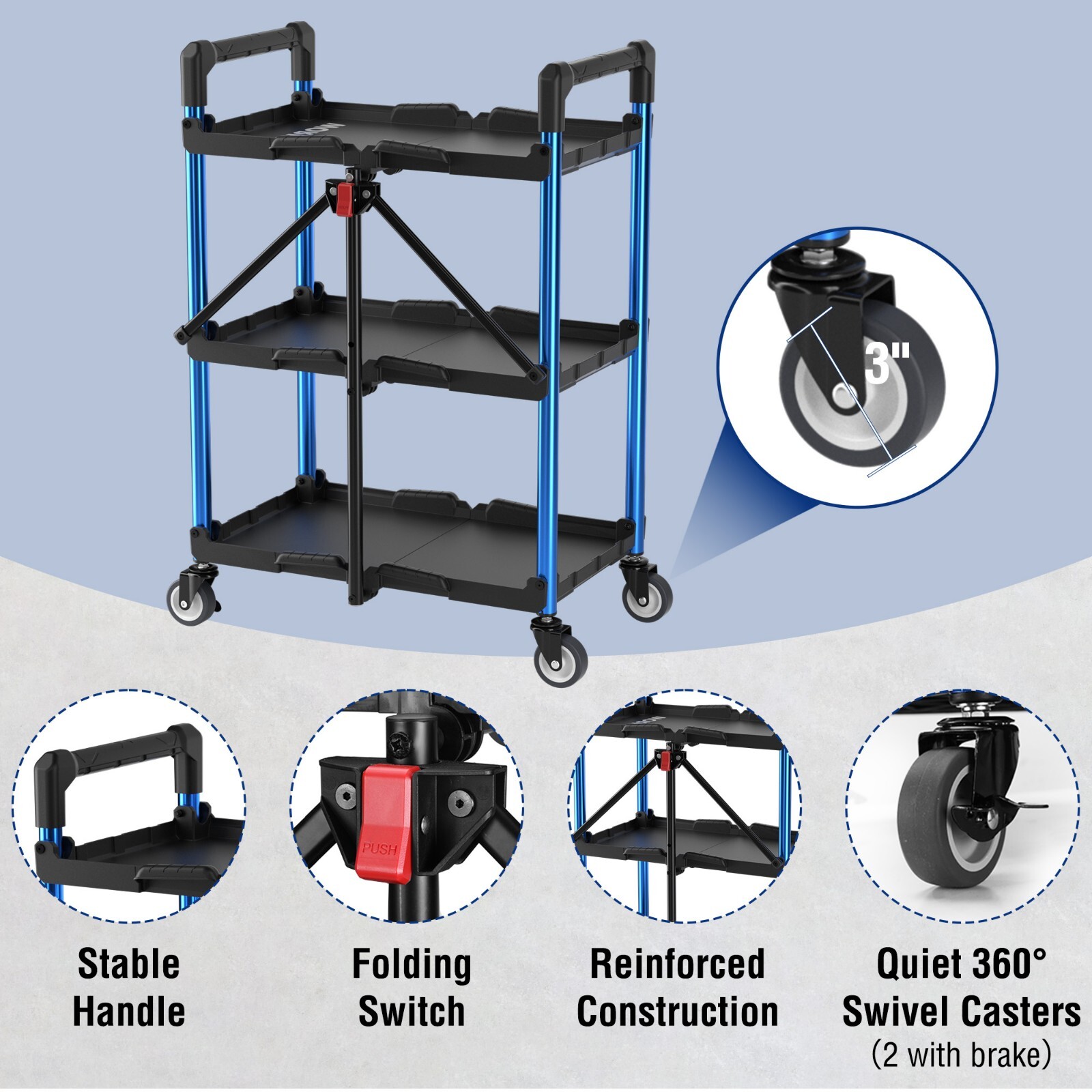 WORKPRO 3-Tier Collapsible Service Cart, 210 LBS Foldable with Wheels Aluminum