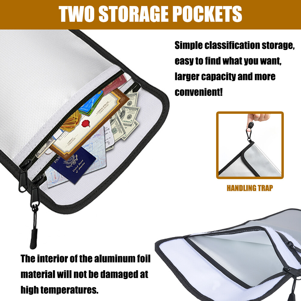Fireproof Document Bag Waterproof File Cash Money Pouch Safe Storage with Zipper
