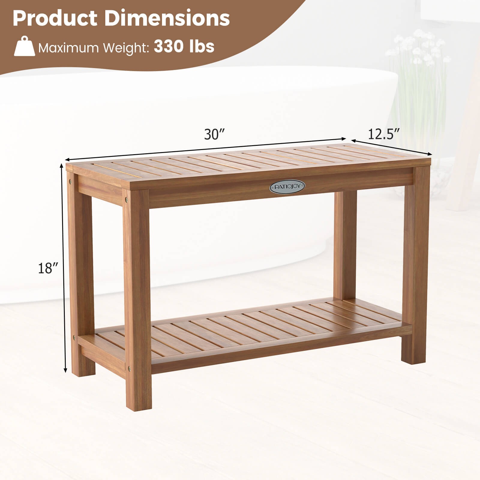 30 Inch Teak Wood Shower Bench Inside Shower Stool with Storage Shelf for Adults