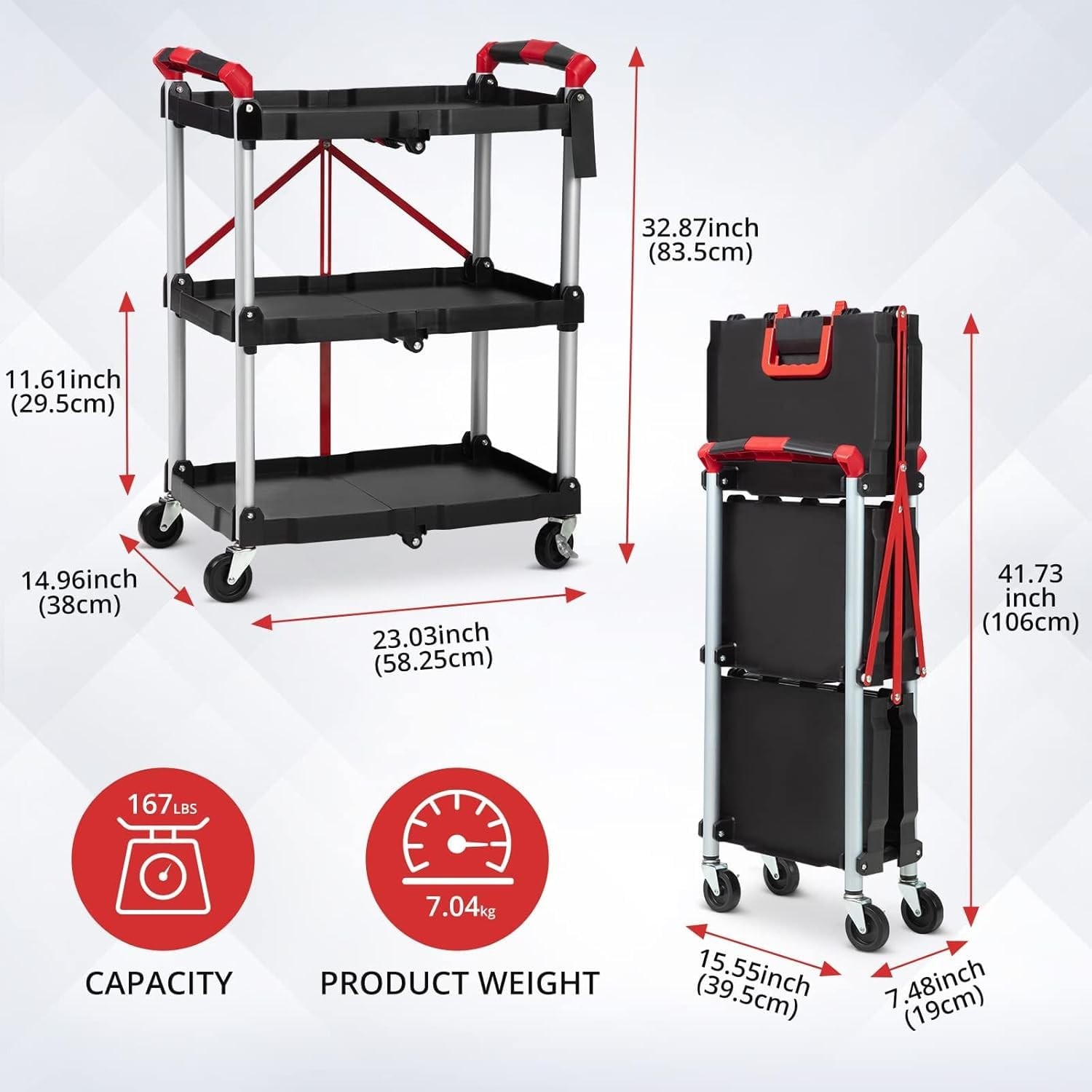 Collapsible Rolling Cart with Wheels, 3 Tier Rolling Utility Cart