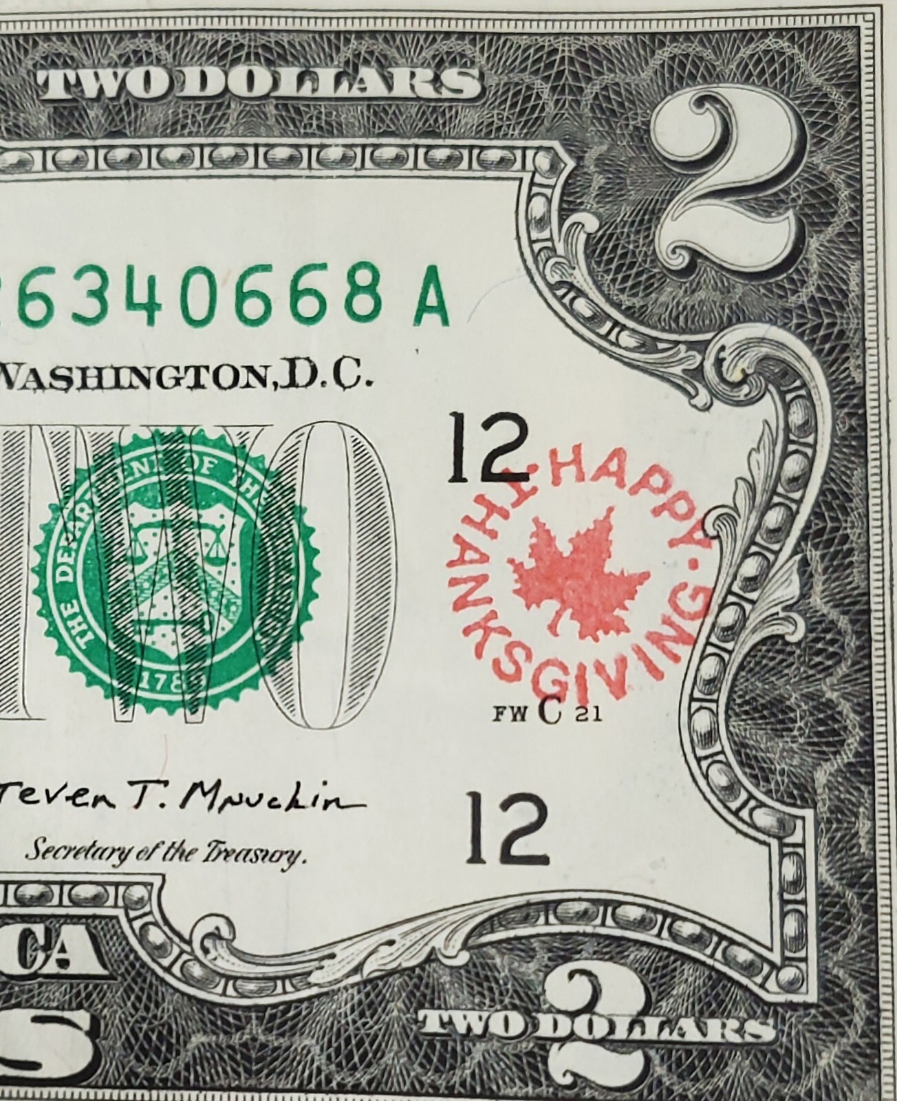 1 LUCKY Uncirculated Two Dollar Bill with Thanksgiving Stamp With 2MIL Sleeve!