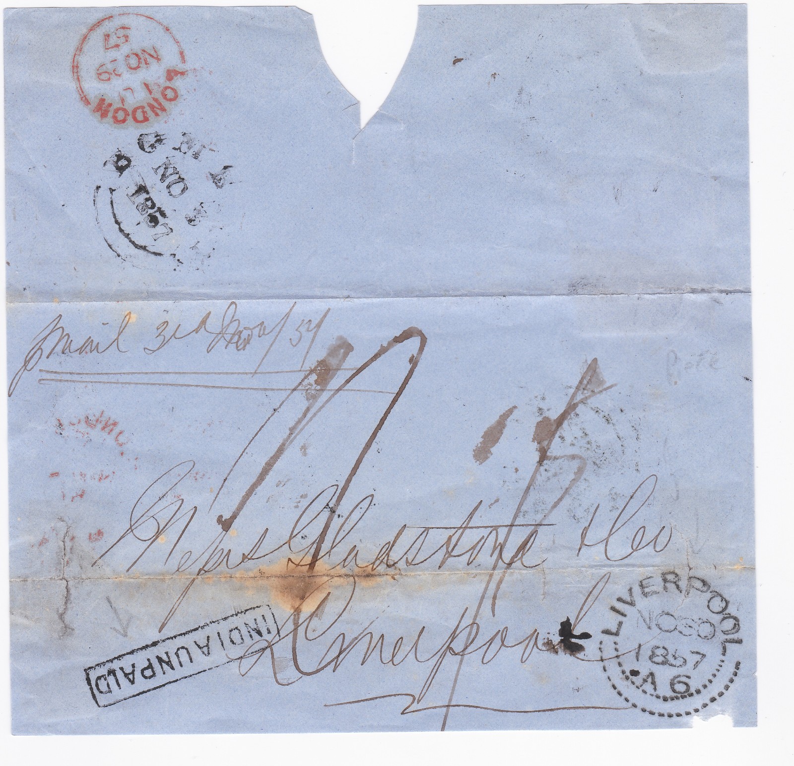 1857 MARITIME PIECE INDIA UNPAID TO GLADSTONE MERCHANT FIRM LIVERPOOL DOTTED CDS