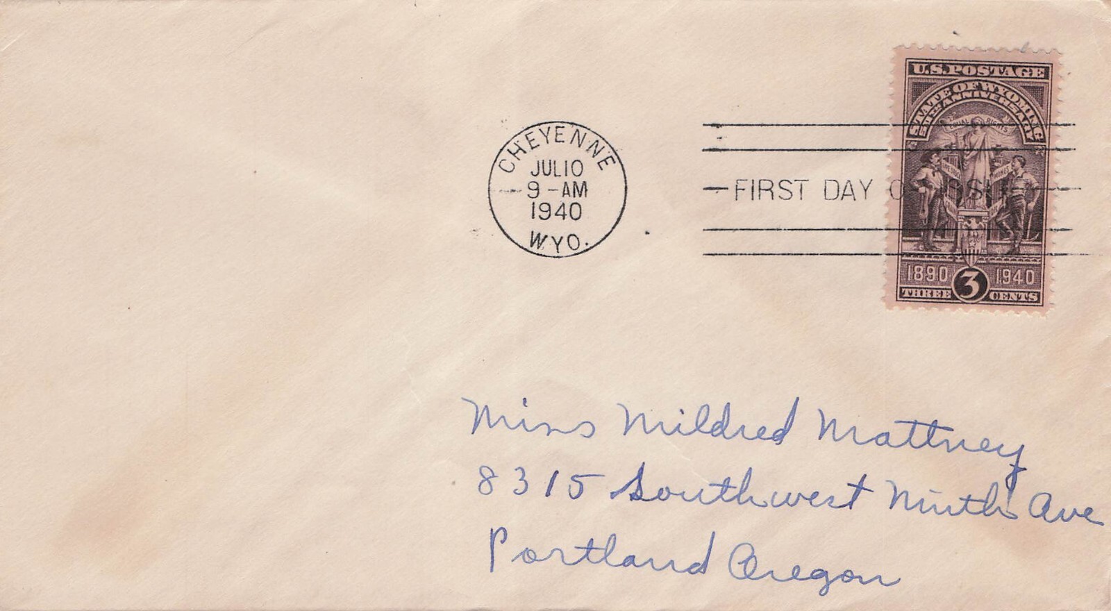 1940 Cheyenne WY First Day Cover Wyoming Statehood Stamp Vtg Cover CV03