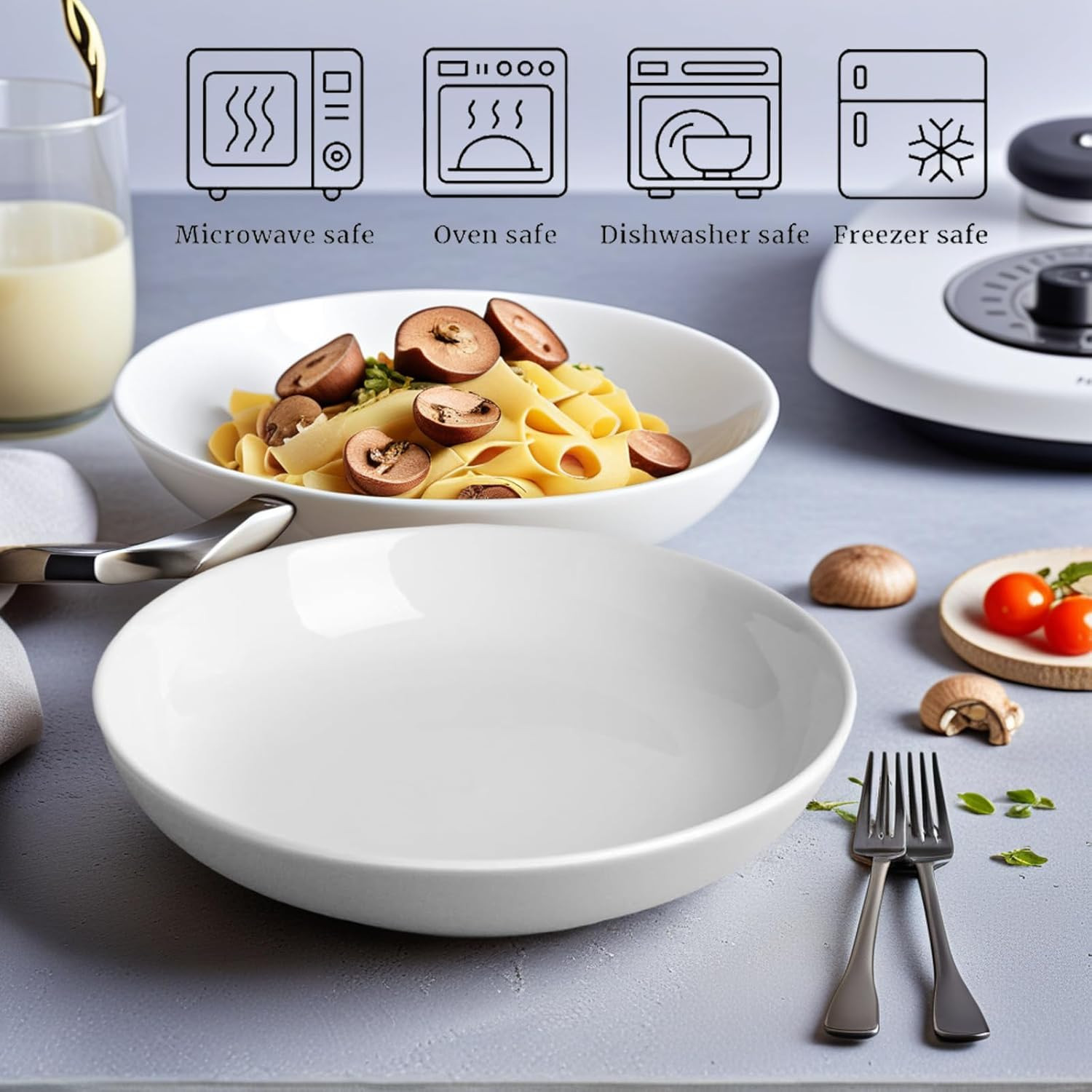 7 Pack Porcelain Pasta Bowls Ceramic , Large Serving Bowl, Wide and Shallow, Set