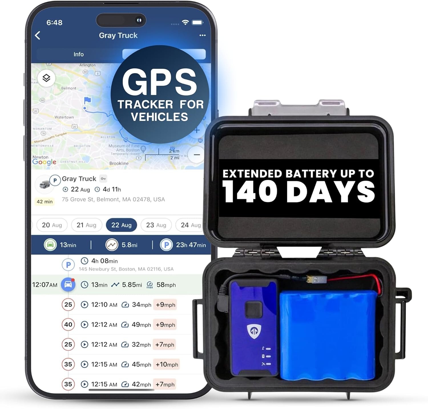 140-Day GPS Tracking Device for Vehicles with Magnetic Case & Extended Battery