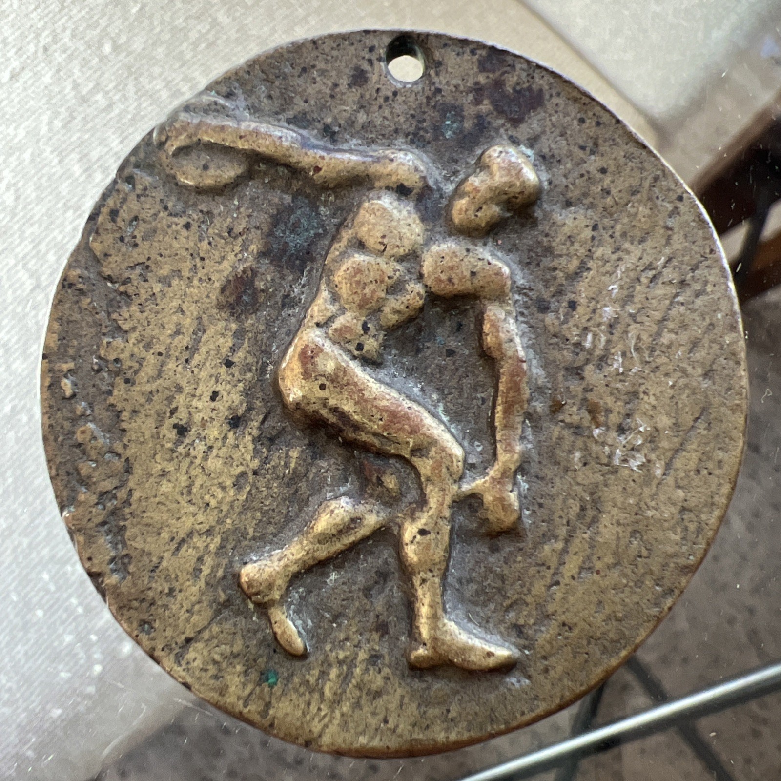 Modernist Greek Style Cast Coin Medallion Flute Player & Dancing Woman Discus