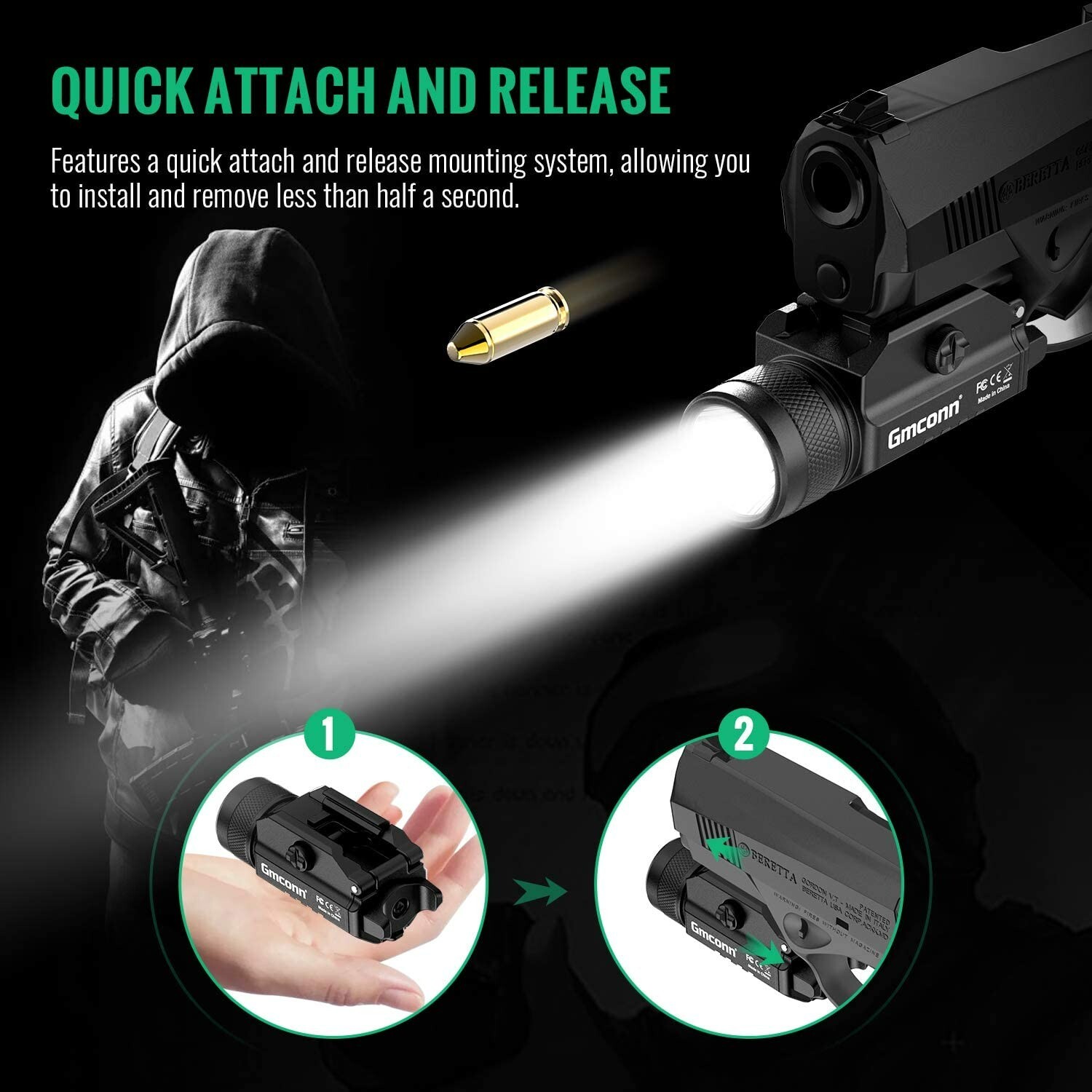 Gmconn 1200 Lumens Tactical Flashlight Pistol LED Strobe Light Picatinny Mounted