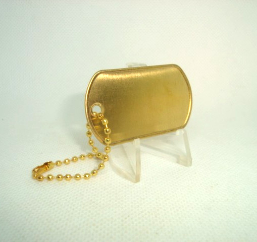 BRASS Military Style Rolled Edge Dog Tag Yellow Brass Finish 4.5" in. Gold Chain