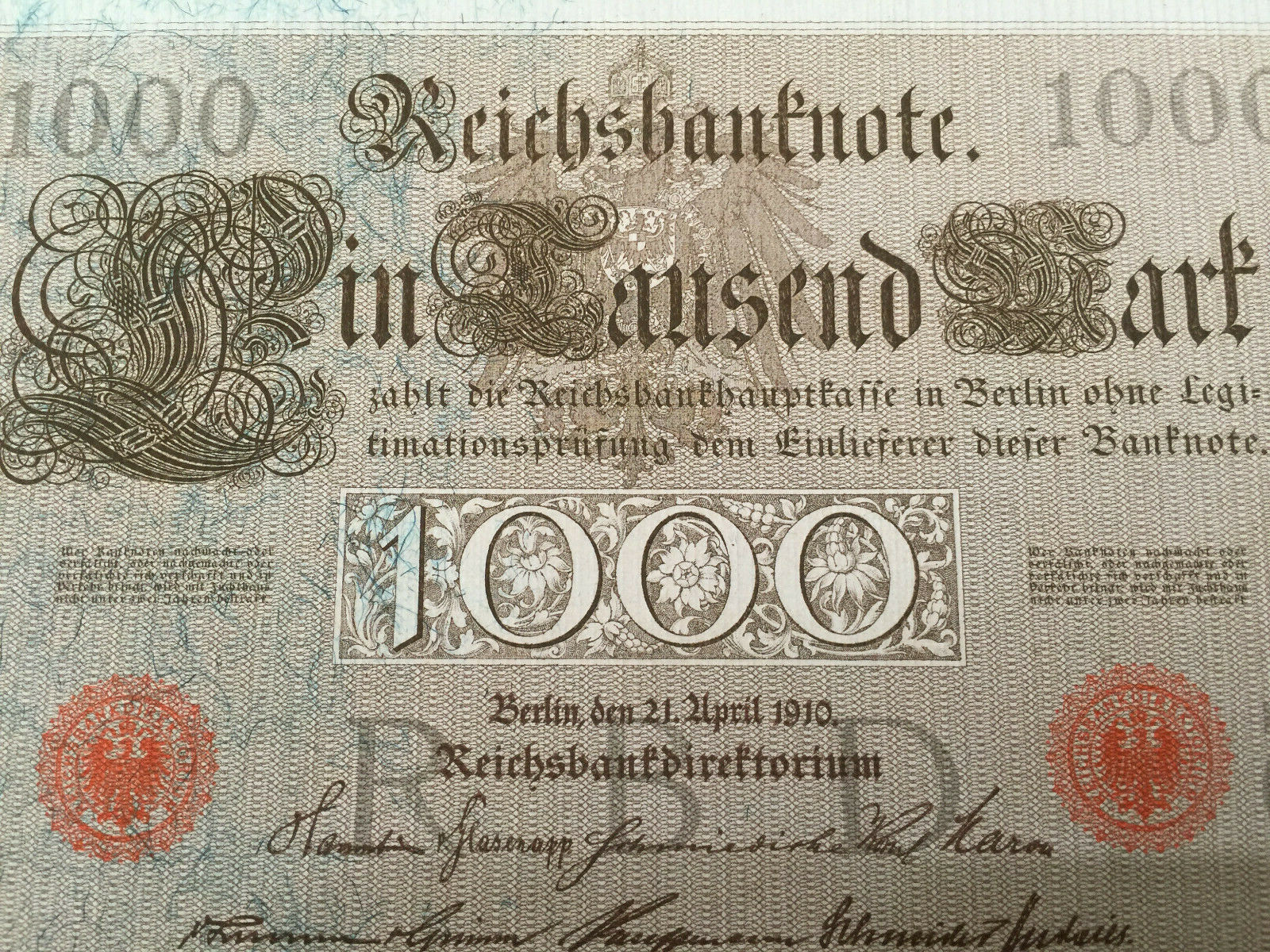 Antique Rare World War I Era Germany 1000 Mark Reichsbanknote UNC -110 Years Old