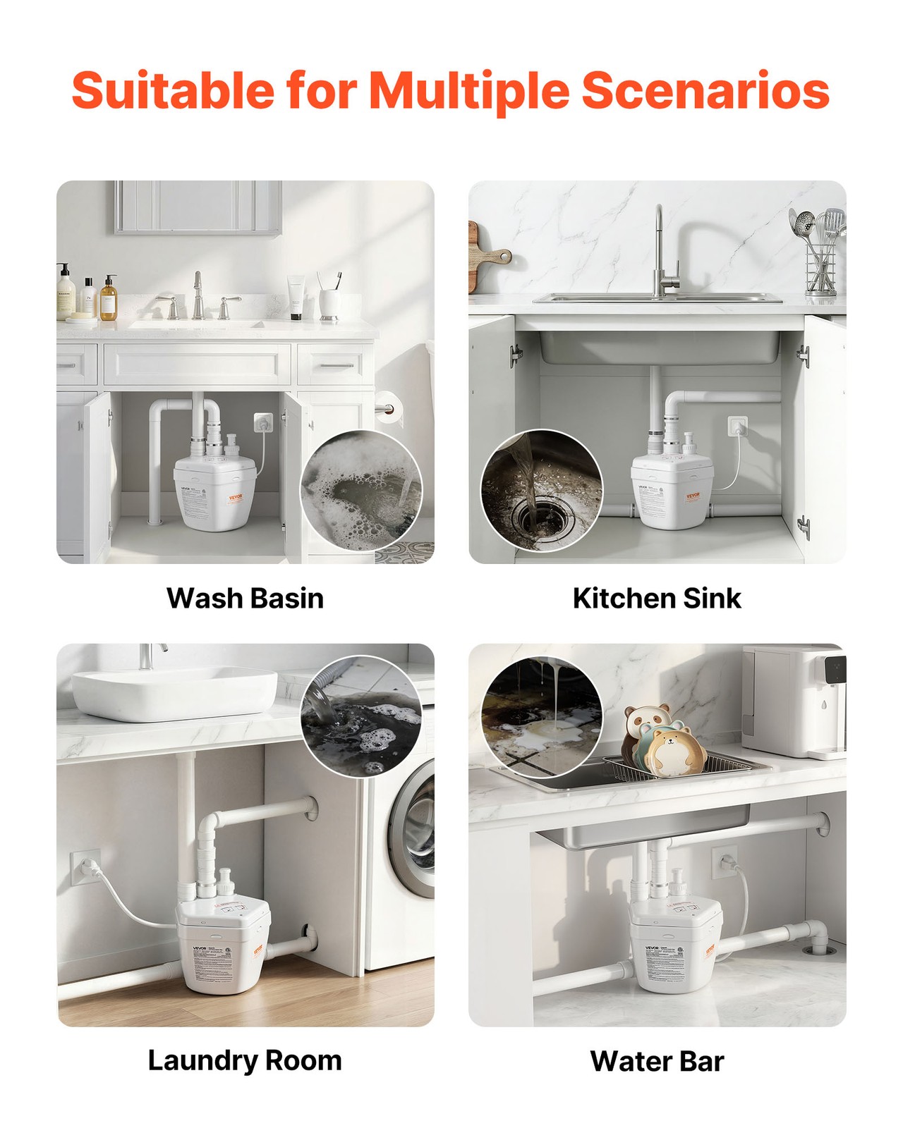 VEVOR Utility Sink Pump 1 HP 2200 GPH Under Sink Pump 36 ft with 3 Water Inlets