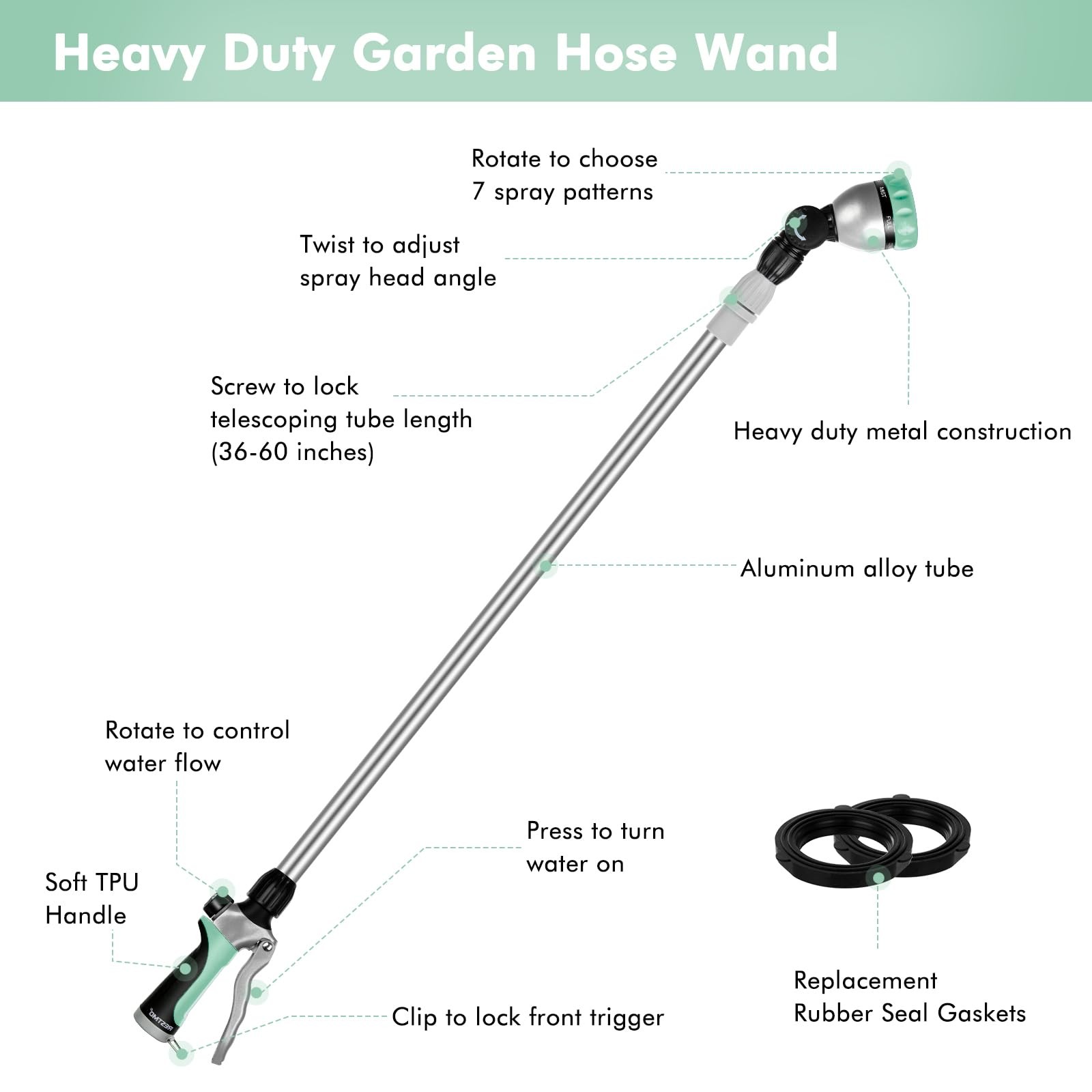 36”-60” Metal Watering Wand, Long Telescopic Tube | 180° Adjustable Ratchetin...