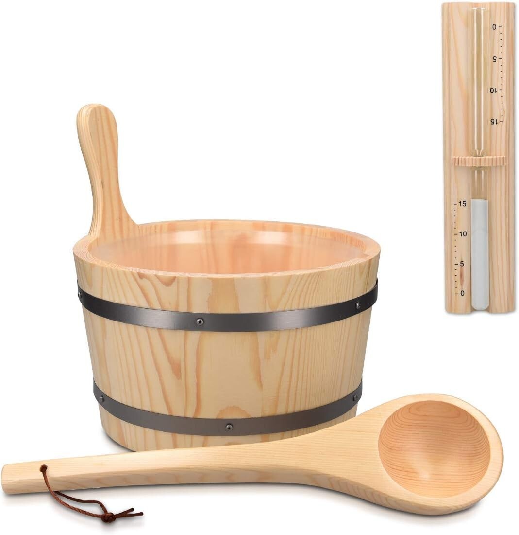 Luxury Sauna Accessory Set: Wooden Bucket, Ladle, and Sand Timer—1.3g Capacity