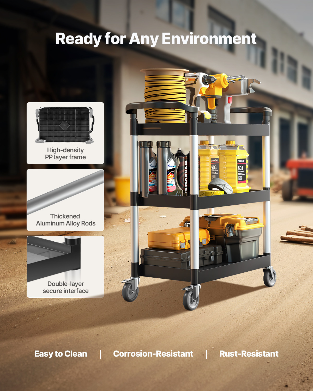 VEVOR Heavy Duty Utility Cart 300 lbs Capacity 3-tier Service Cart with Wheels