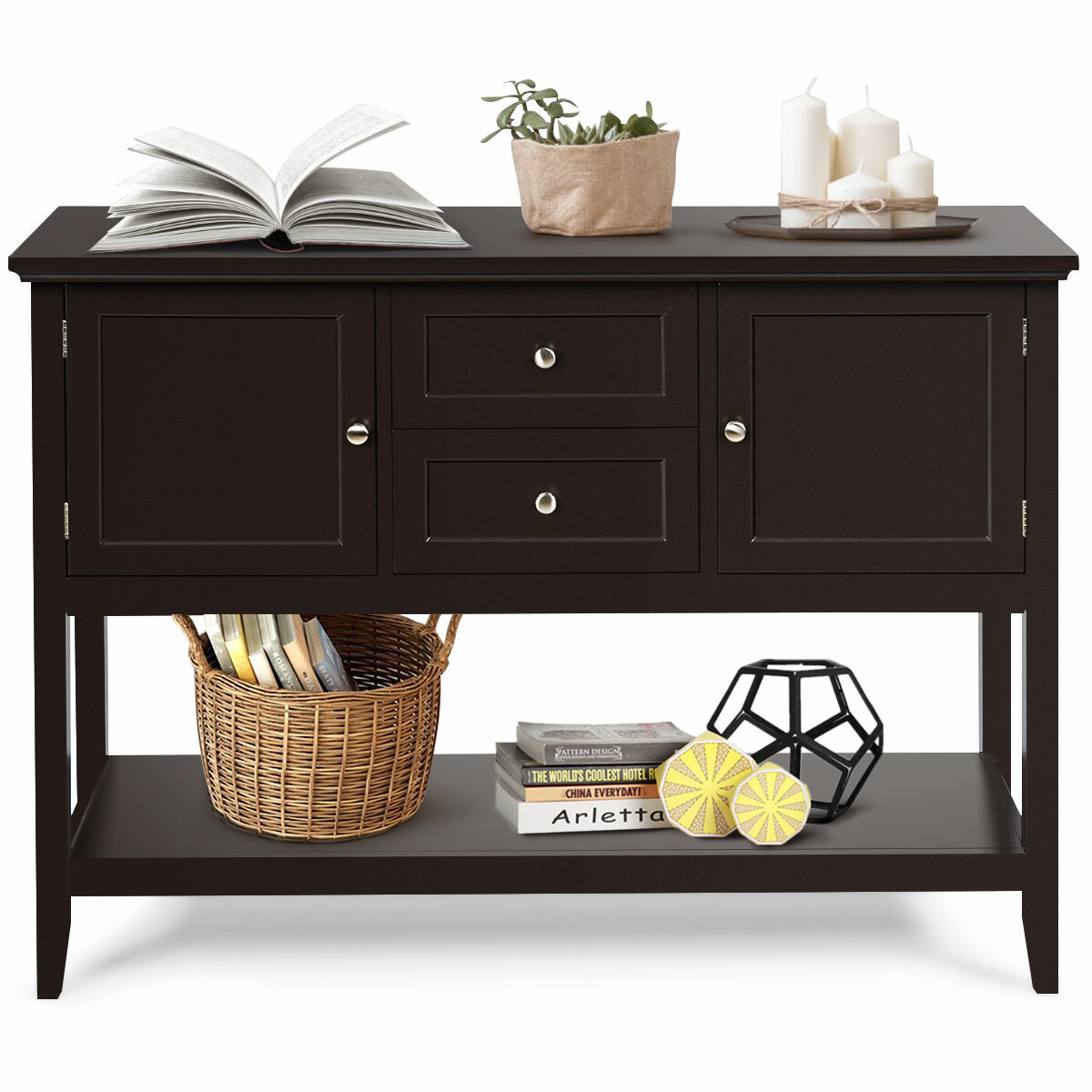 Costway Sideboard Buffet Table Wooden Console Table w/ Drawers & Cabinets Brown