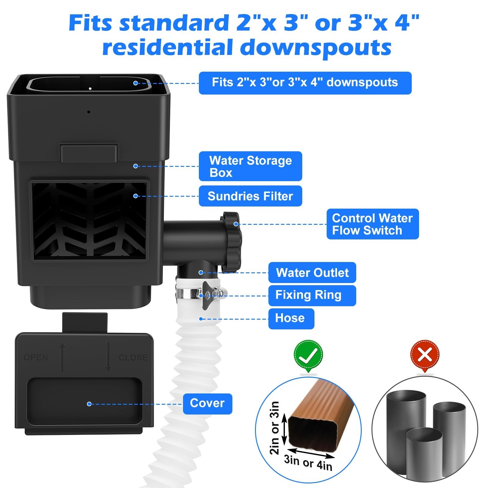 WADEO Rainwater Collection System Downspout Diverter- 2x3"/3x4" Downspout