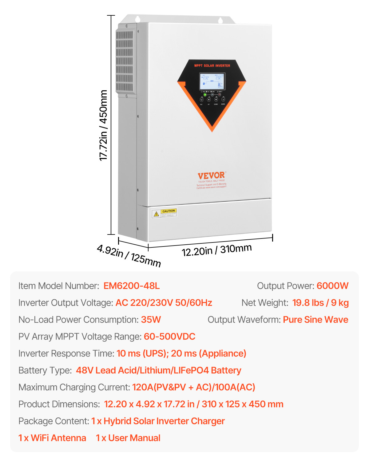 VEVOR Hybrid Solar Inverter Charger 6000W 220/230V Built-in 120A MPPT Controller