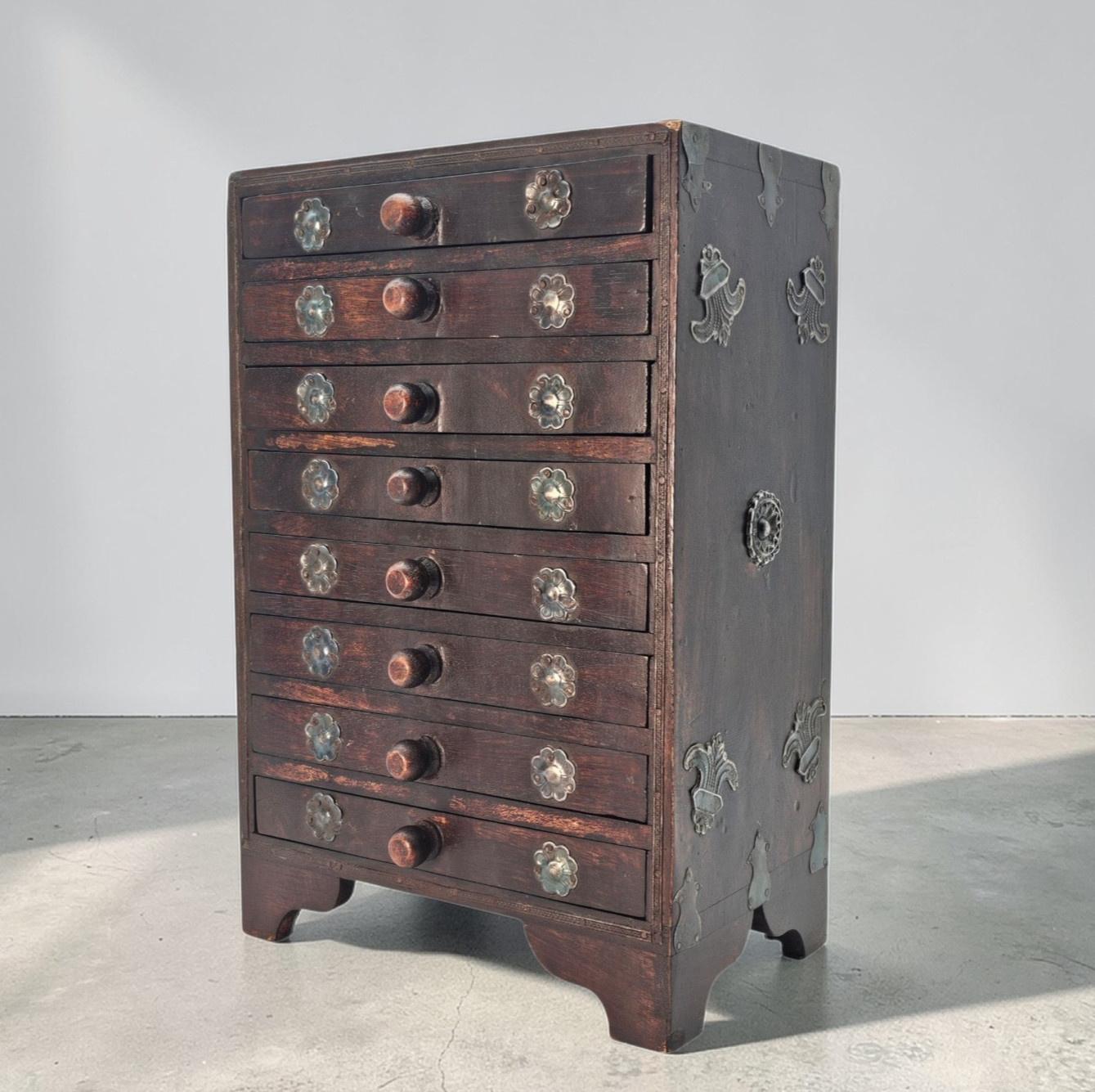 VTG Apothecary Drawer Cabinet 8 Drawer Indian Wood Spice Jewelry Chest (13")