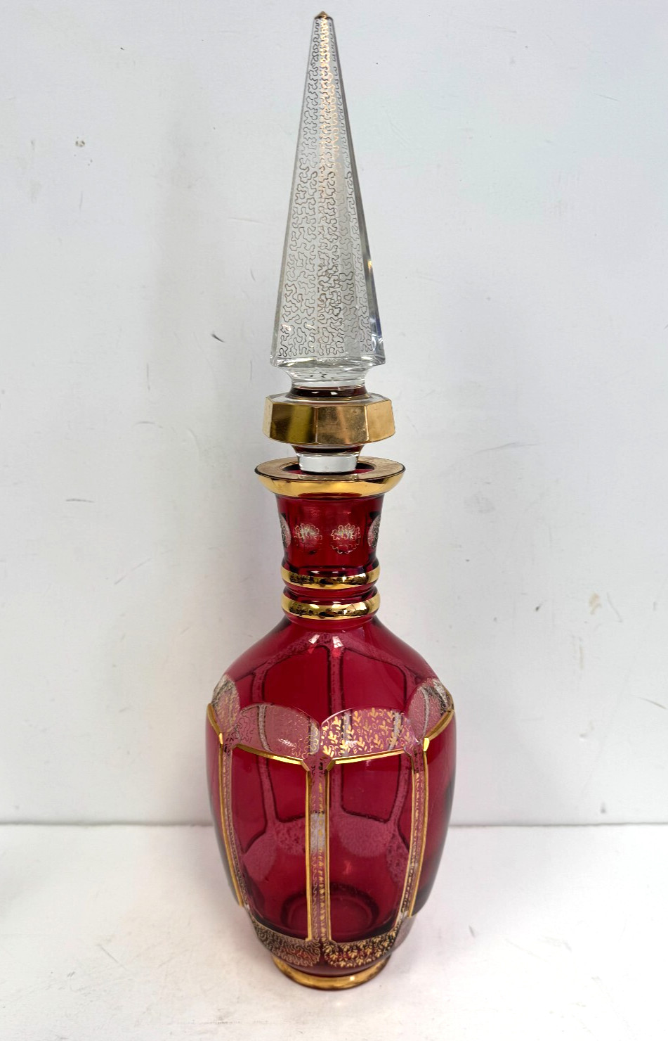 Vintage Bohemian Cranberry Crystal Decanter 18.25" H w/Gold Accents Moser?