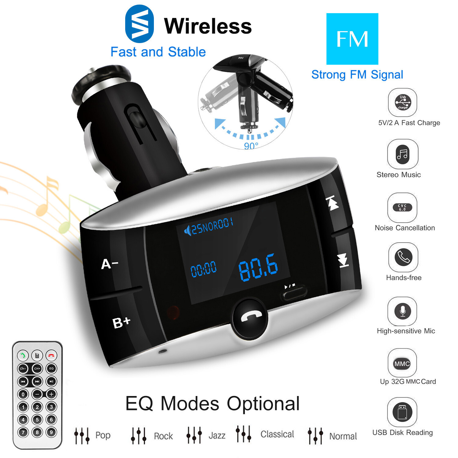 1.5" Car Wireless 5.0 FM Transmitter MP3 Player Aux Kit Hands-free with Remote