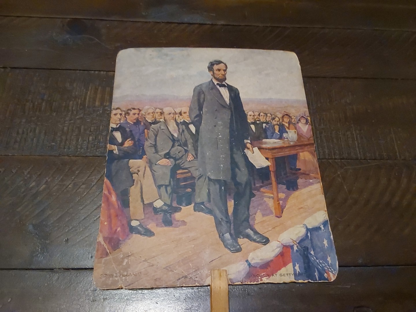 1900s Warwick RI Hand Fan Johnson & Dennegan Confectionery Lincoln at Gettysburg