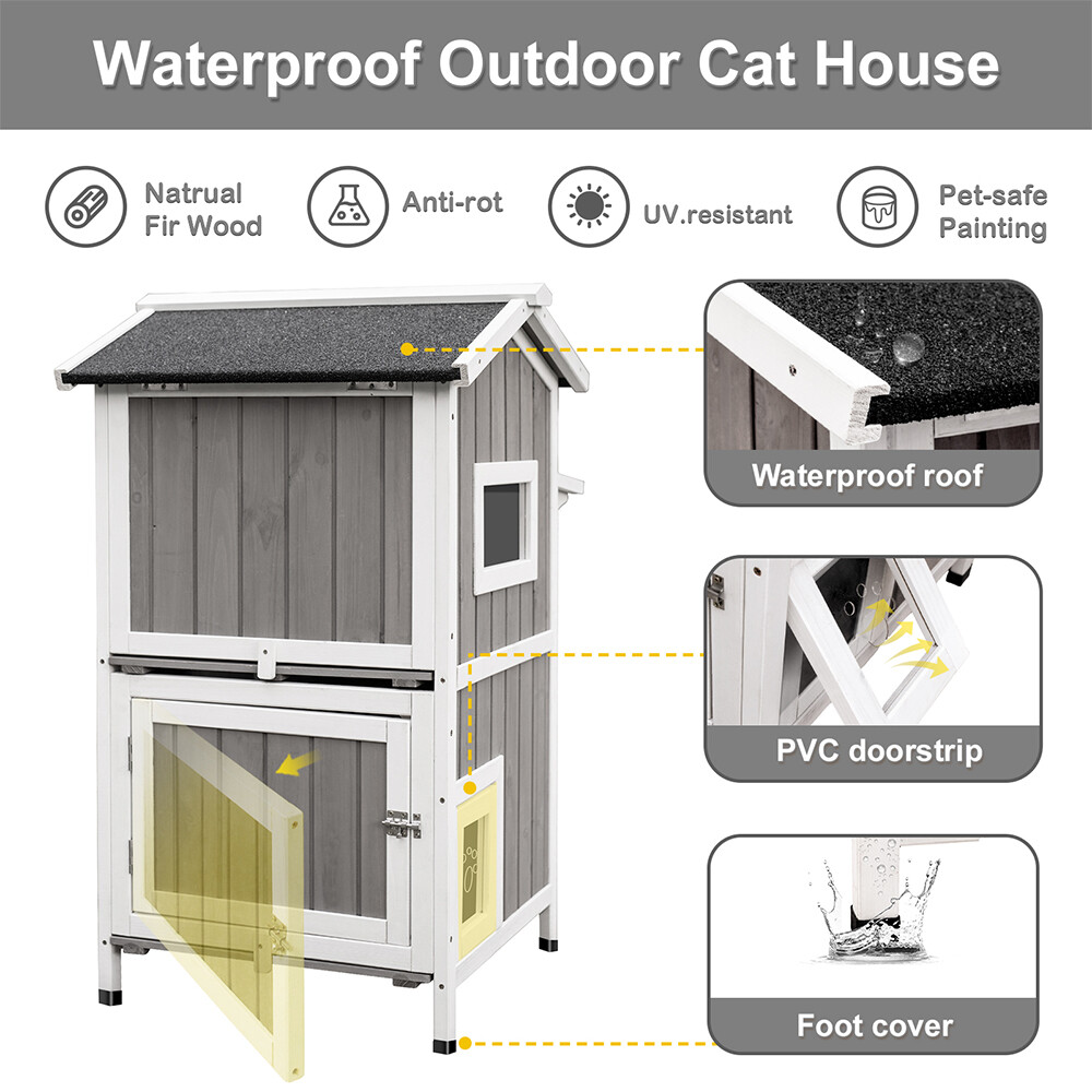 Wooden cat condo outdoor 2-story catio enclosure cat shelter pet house rainproof
