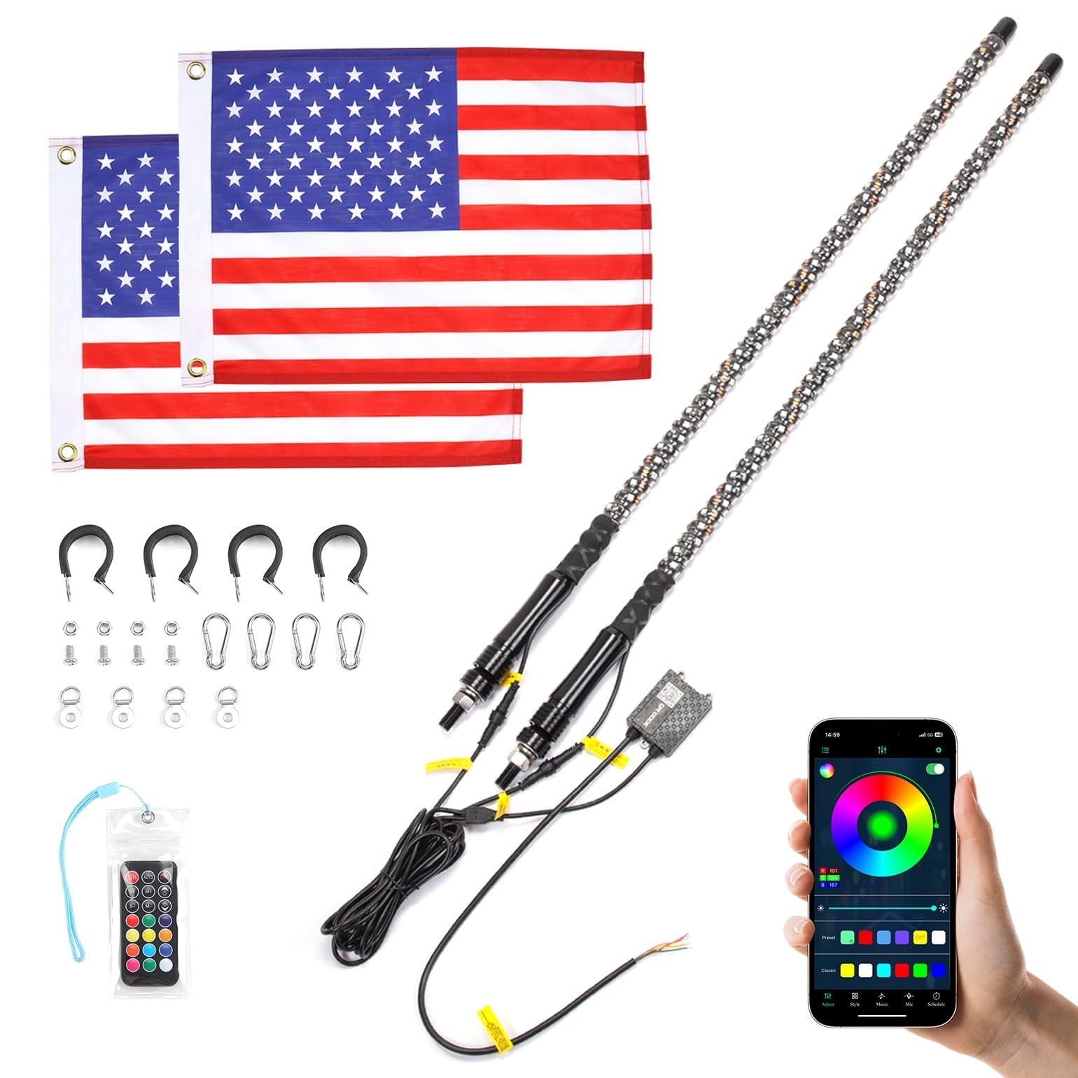 KEMIMOTO 2pc 3ft Bluetooth RGB LED Whip Lights for UTV ATV, Turn Signal Function