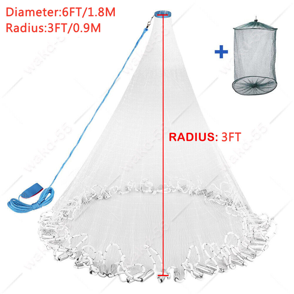 6/8/10/12/16/20FT Fishing Cast Net Bait Easy Throw Hand Cast Strong Nylon Mesh