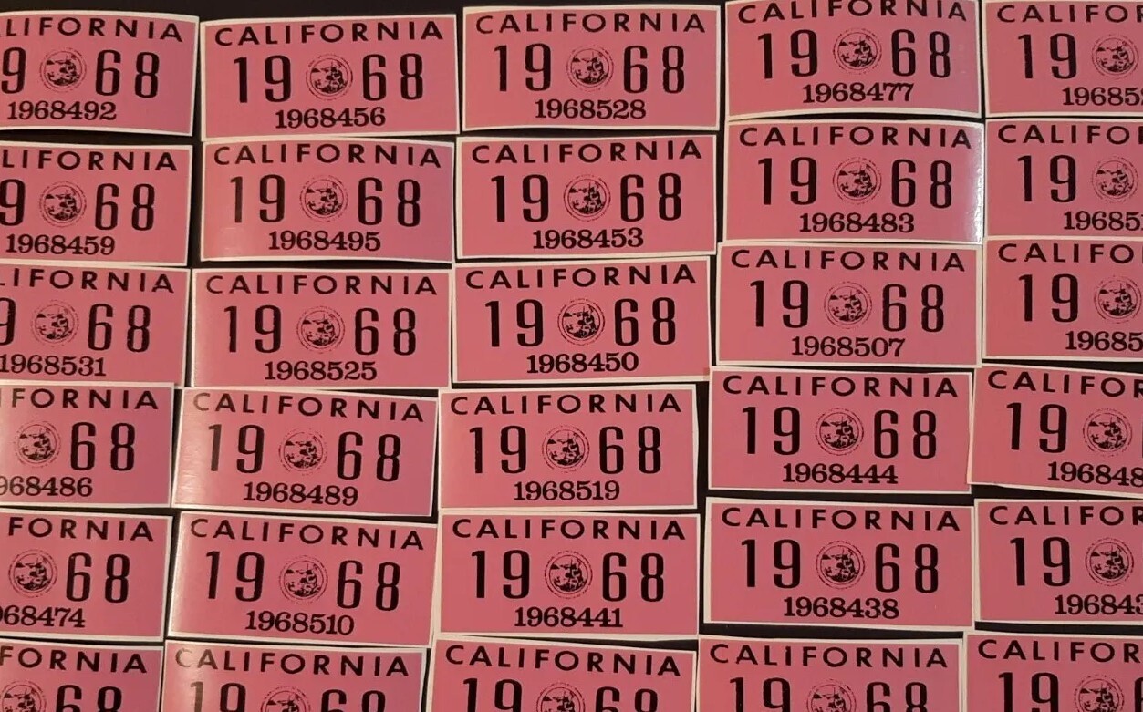 1968 California License Plate Registration Sticker, YOM, CA DMV