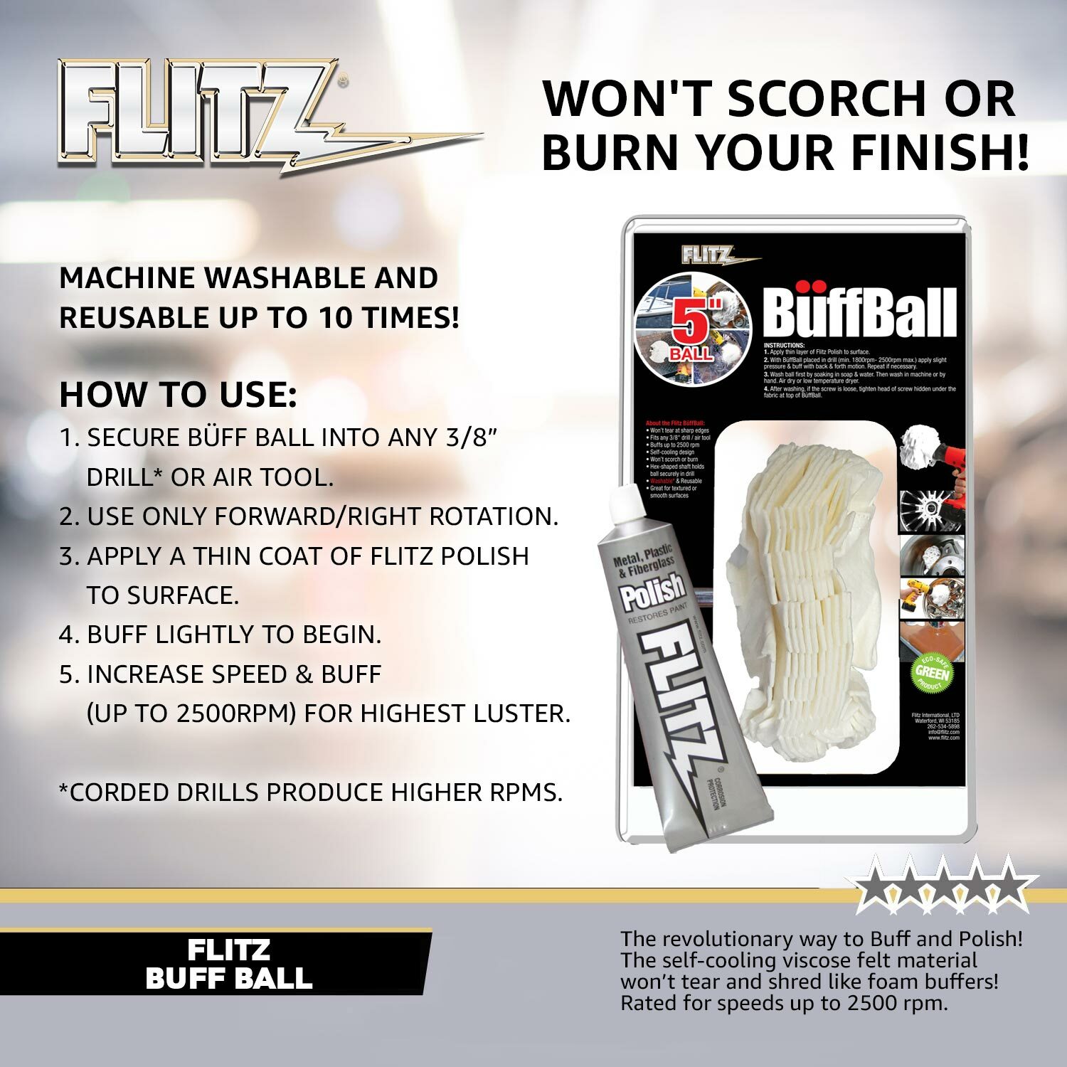 FLITZ LARGE 5" BUFF BALL With 1.76OZ TUBE FLITZ POLISH (SEE VIDEO)