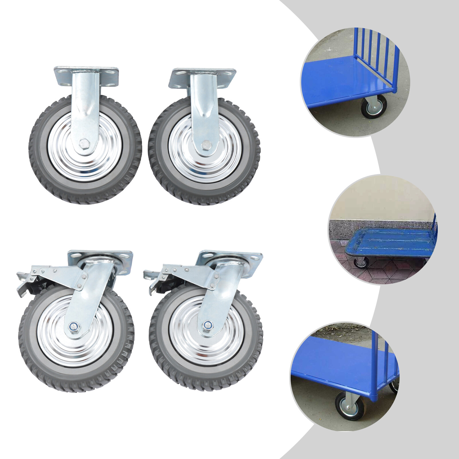 4PCs 8 inch Dustproof Handling Wheels Fixed+Brake Heavy Duty Solid Caster Wheels