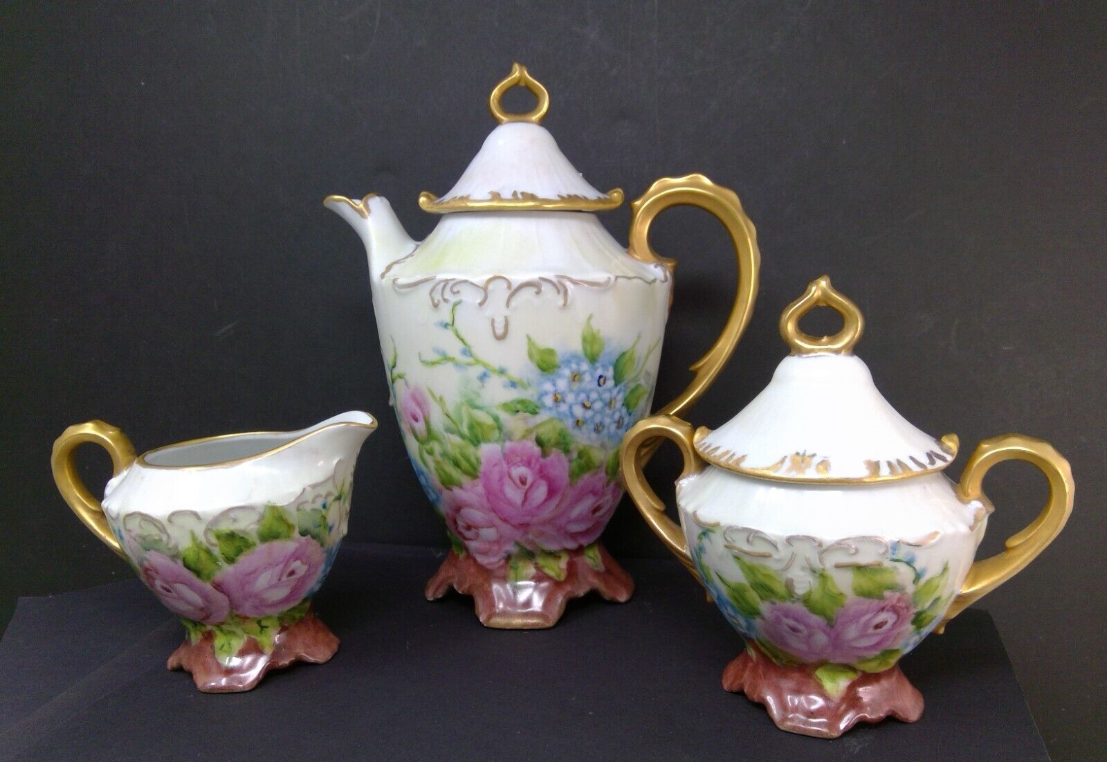 Vintage Gand Painted Roses Coffee Pot Creamer & Sugar Set
