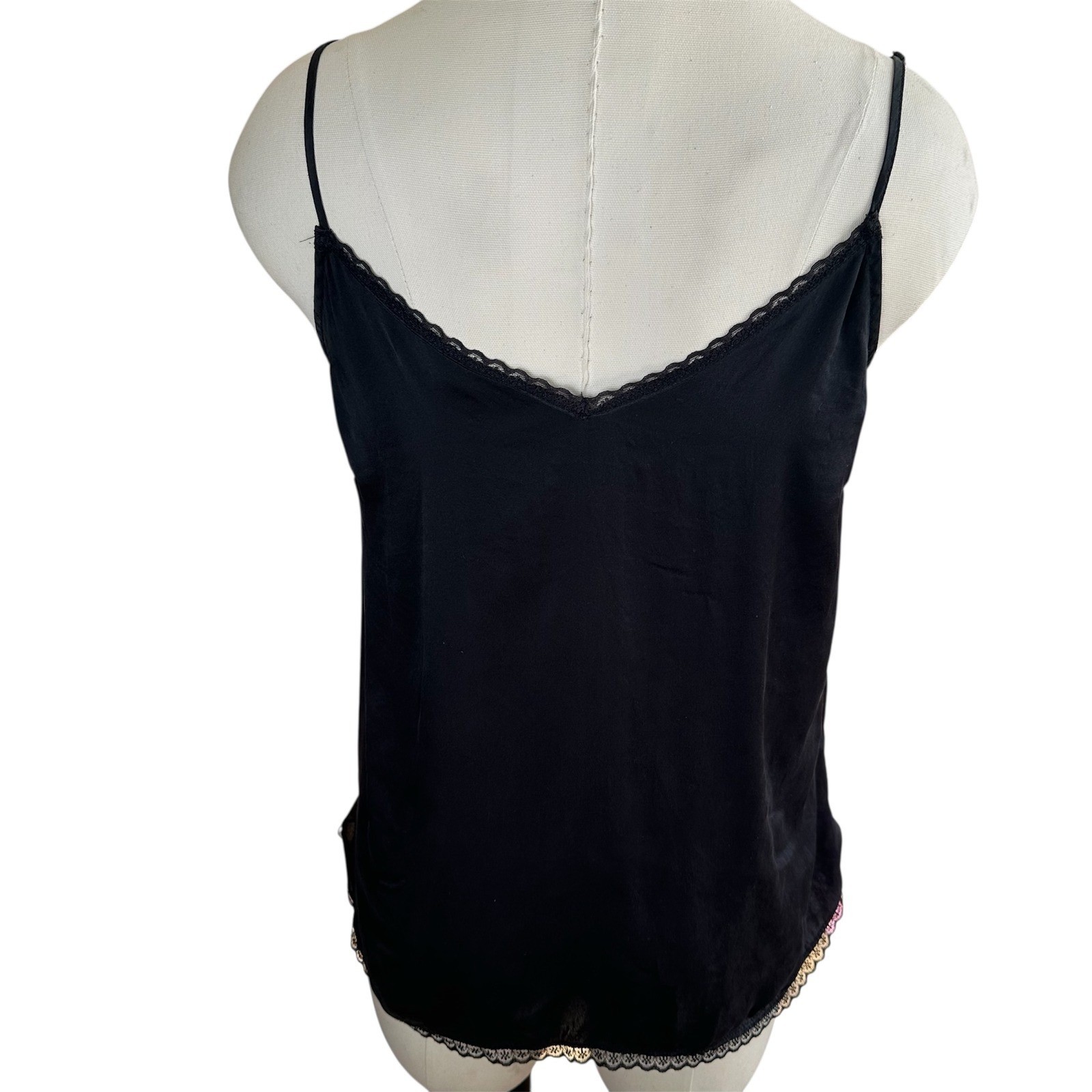 Eloise by Anthropologie Camisole Womens Small Black 100% Silk Lace Trim V-Neck