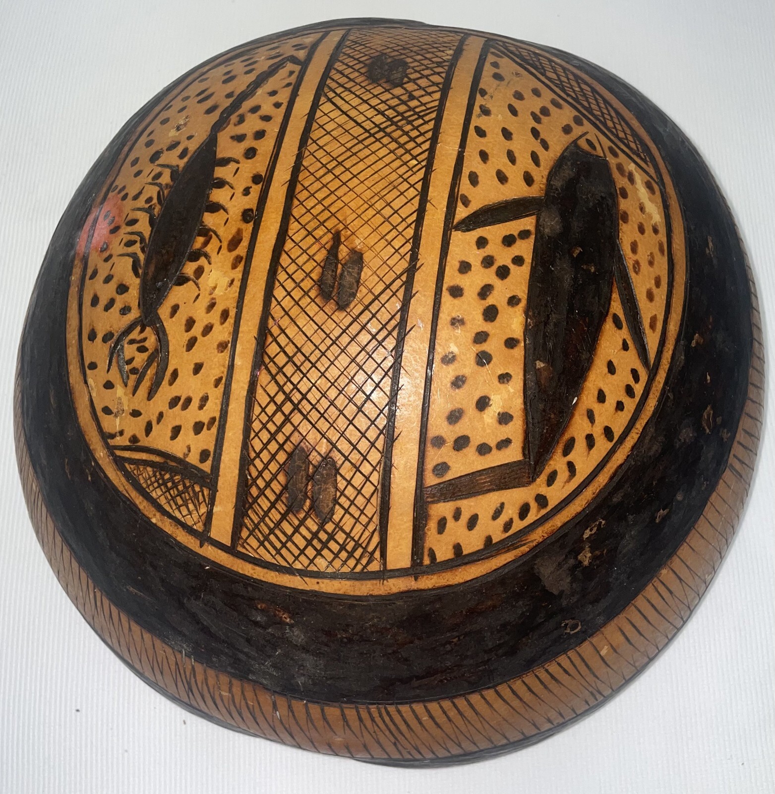 Vintage Large African Carved Gourd With Fish Bird And Scorpion Motif -Bowl