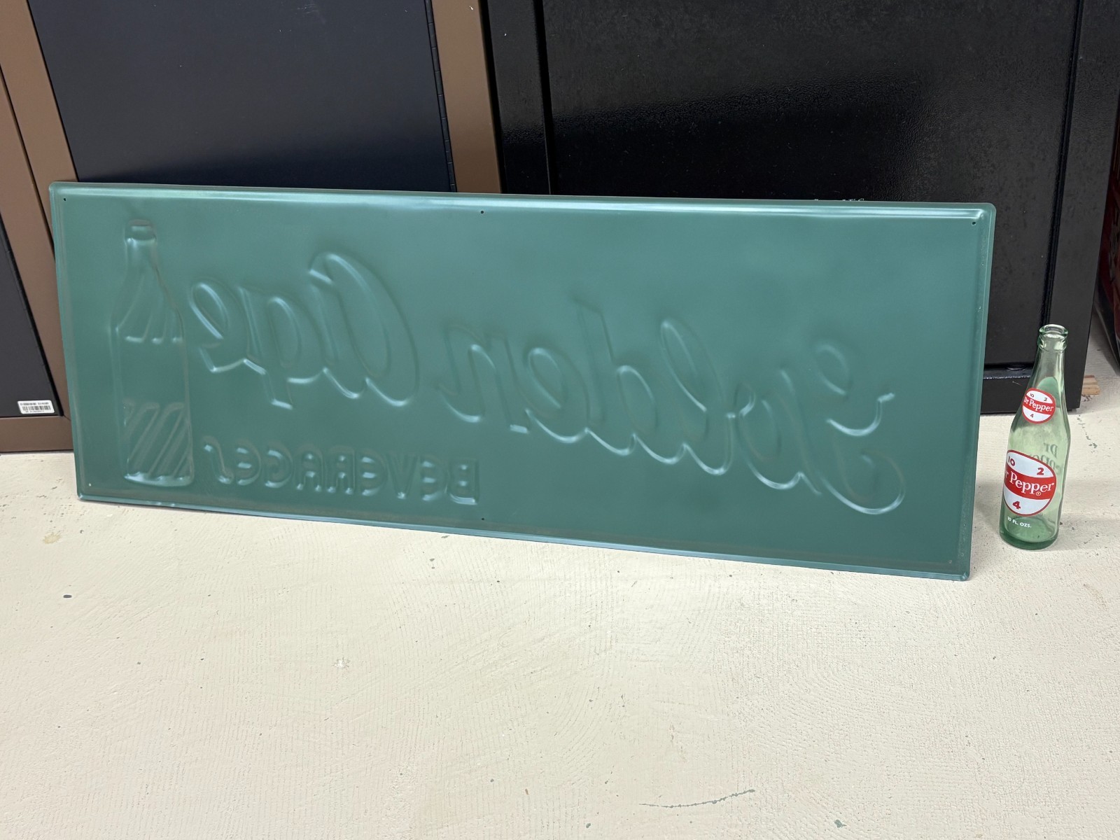 "GOLDEN AGE BEVERAGE" LARGE EMBOSSED METAL ADVERTISING SIGN (41"x 15") NICE