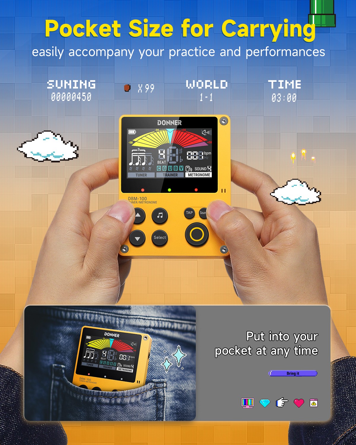 Donner DBM-100 Digital Metronome Tuner Guitar Bass Piano Drum Saxophone | Yellow