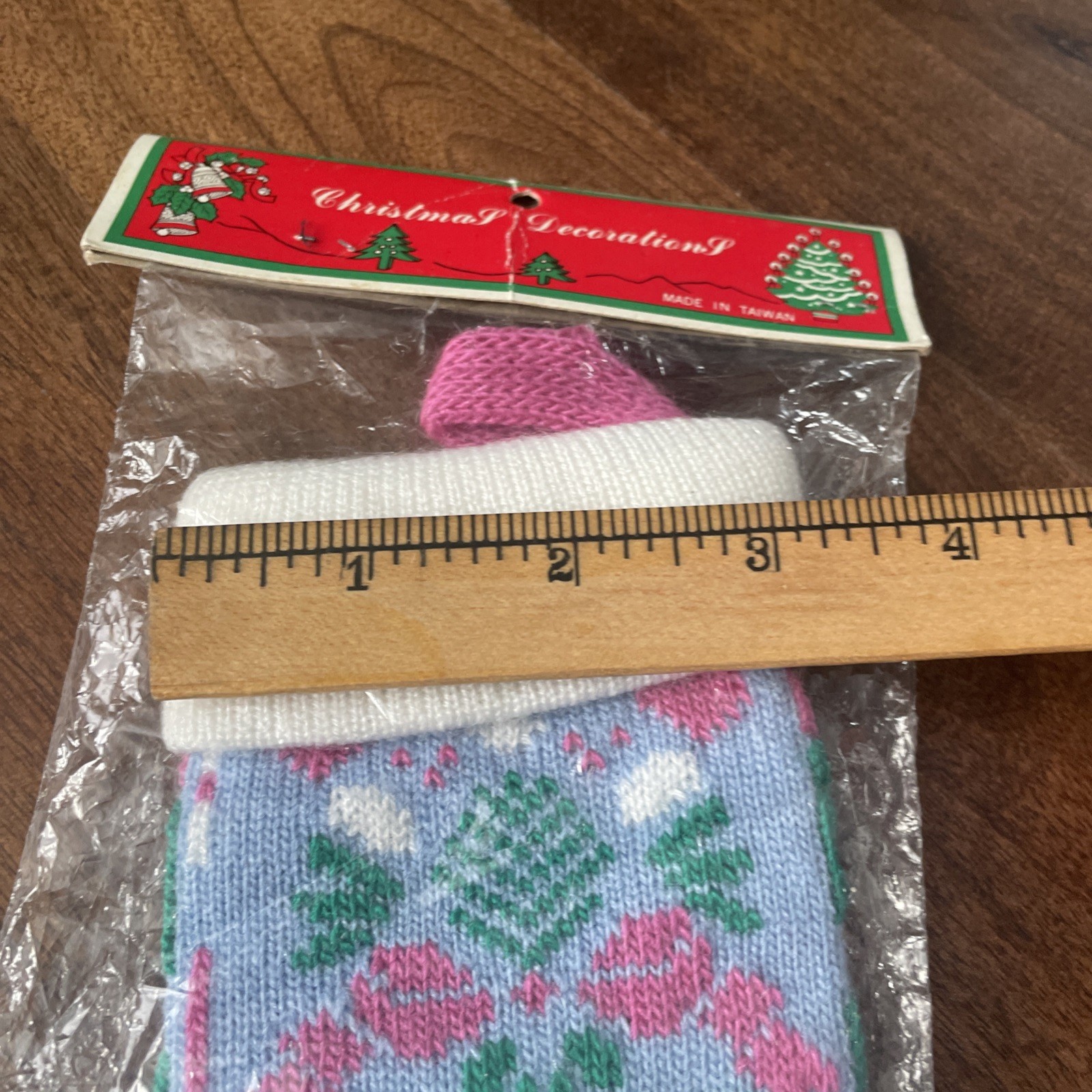Vintage Christmas Knitted Mini Stocking Ornament Pink Blue 1980s Taiwan Snowman