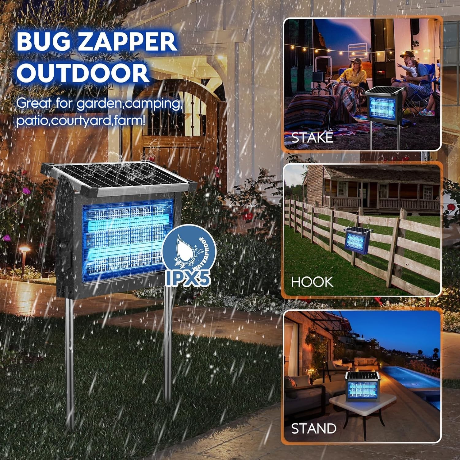 Solar Bug Zapper Outdoor Mosquito Zapper 4500V Waterproof Rechargeable Fly Zappe