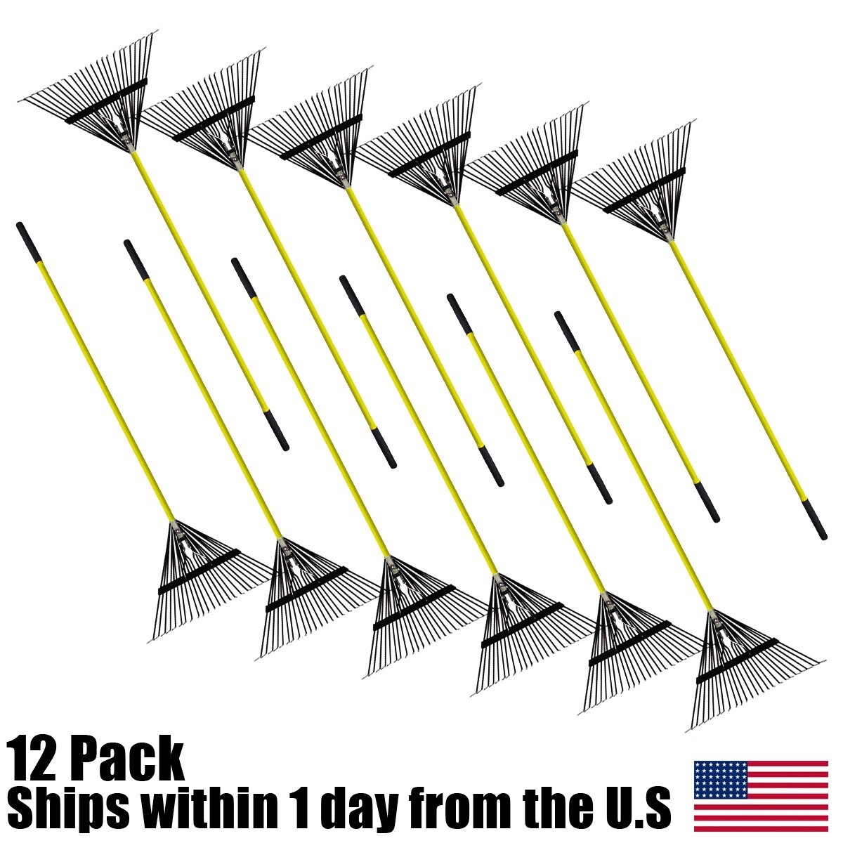 12PK Durable Black 24 Steel Tine Thatching Leaf Rake w/ Fiberglass Handle