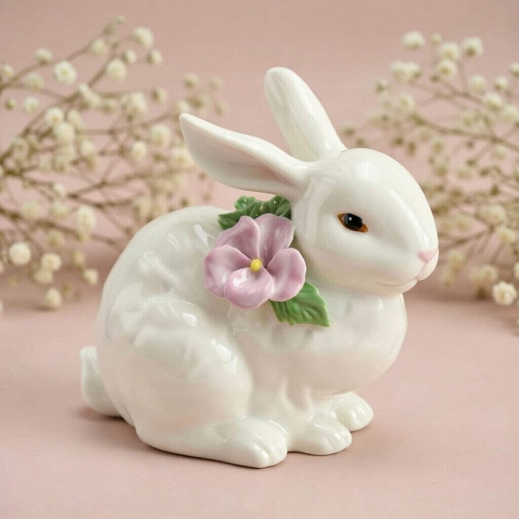 Ceramic Bunny Rabbit with Pink Pansy Flower Figurine, Home Décor, Gift for Her,