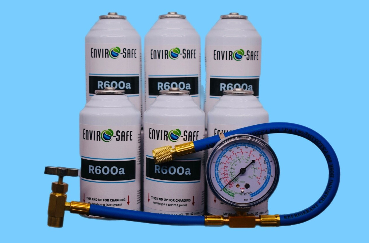 Enviro-Safe R600a Refrigerant | Inverted Piercing | 6 oz | 6 Cans + Brass Gauge