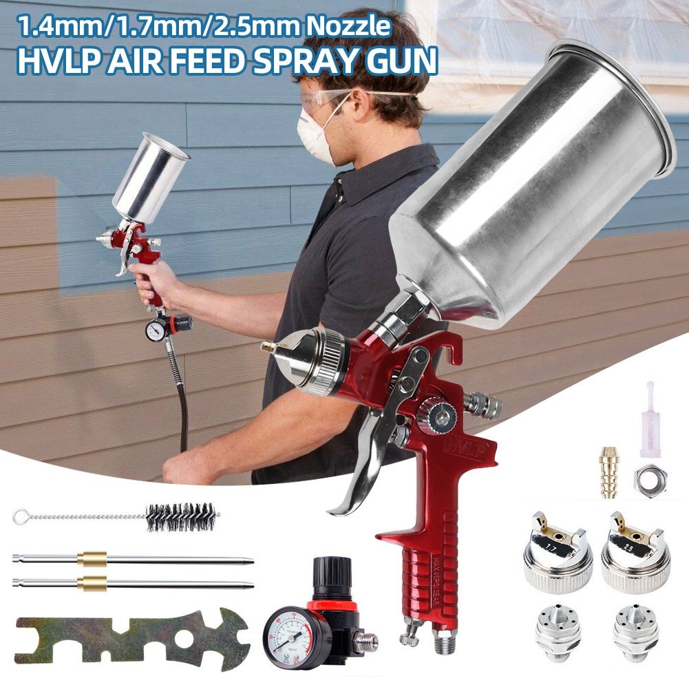 1.4/1.7/2.5mm Nozzle HVLP Air Feed Spray Gun Kit Car Paint Primer Clearcoat USA