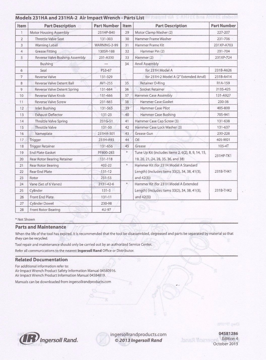 231HP TK1 AND 231XP TK1 INGERSOLL RAND CUSTOM TUNE UP KIT FOR 231G, 231XP, 231HA