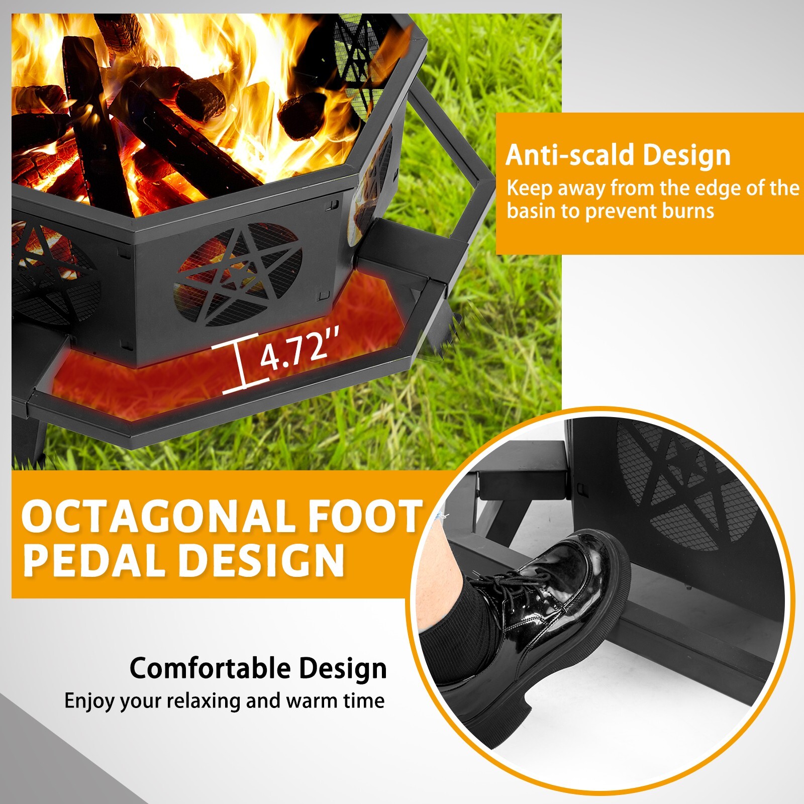 Large Heavy Duty 43" Octagonal Outdoor Wood Burning Fire Pit, Star Ventilation