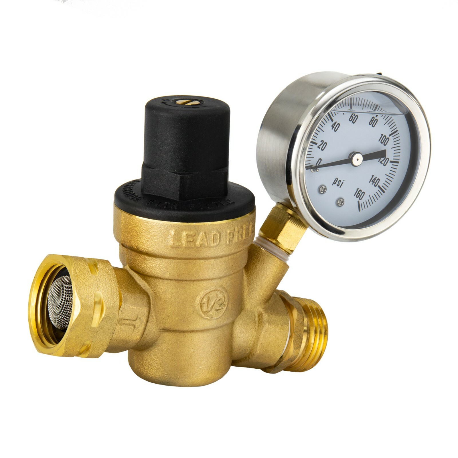 RecPro Brass RV Water Pressure Regulator Valve w/ Gauge Knob