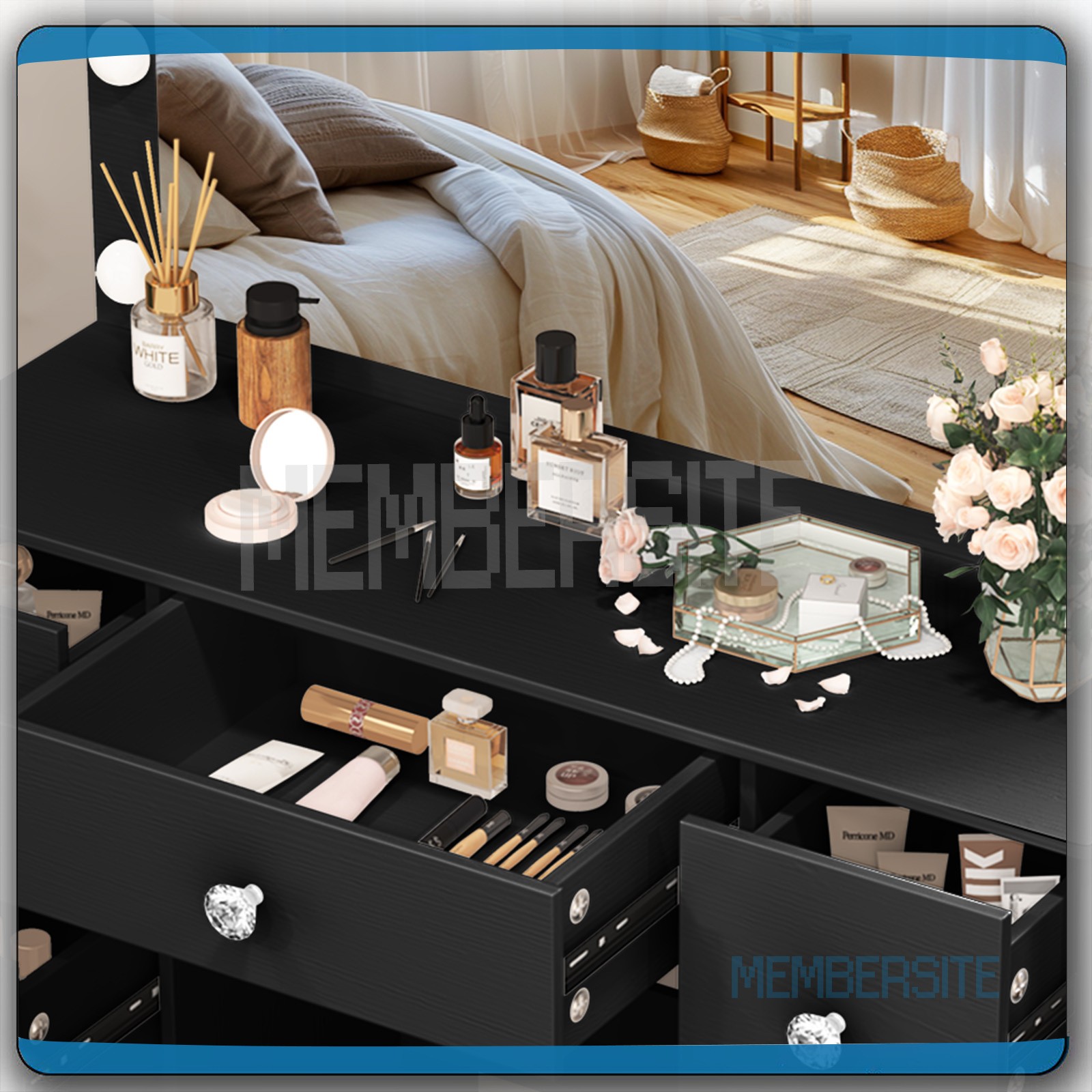 Black Vanity Makeup Desk Dressing Table With Large Mirror + Drawer &Crystal Pull